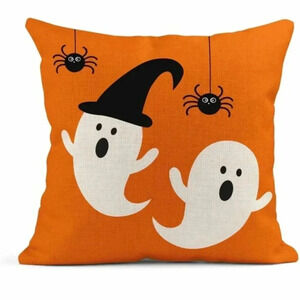 NEW adorable GHOST COUPLE -  Accent / Decorative Orange Throw Pillow Cover 🧡👻